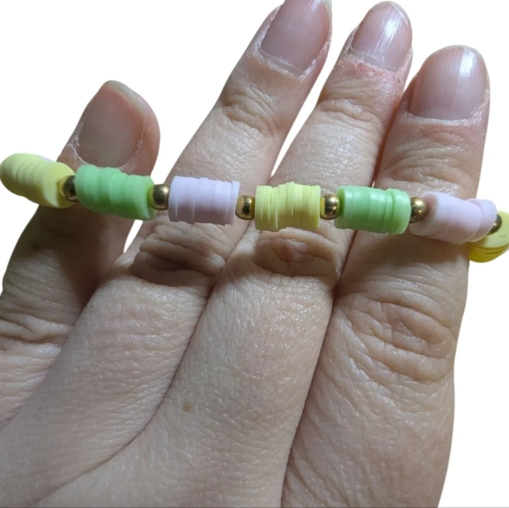 Handmade Clay Beaded Bracelet Stretchy Yellow  Hand Crafted